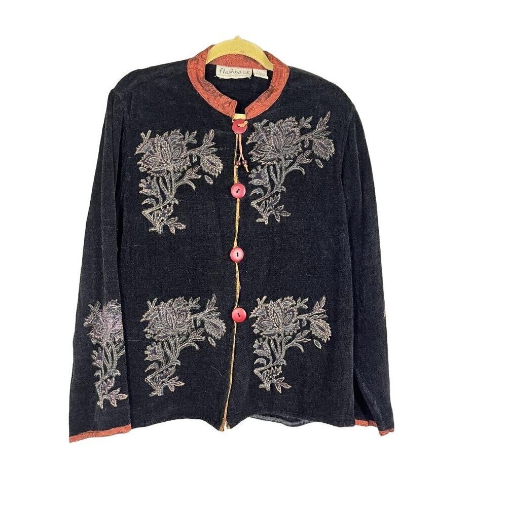 Flashback Floral Jacket M Black Wooden Classic Embroidery Retro 80s Grandma Boho